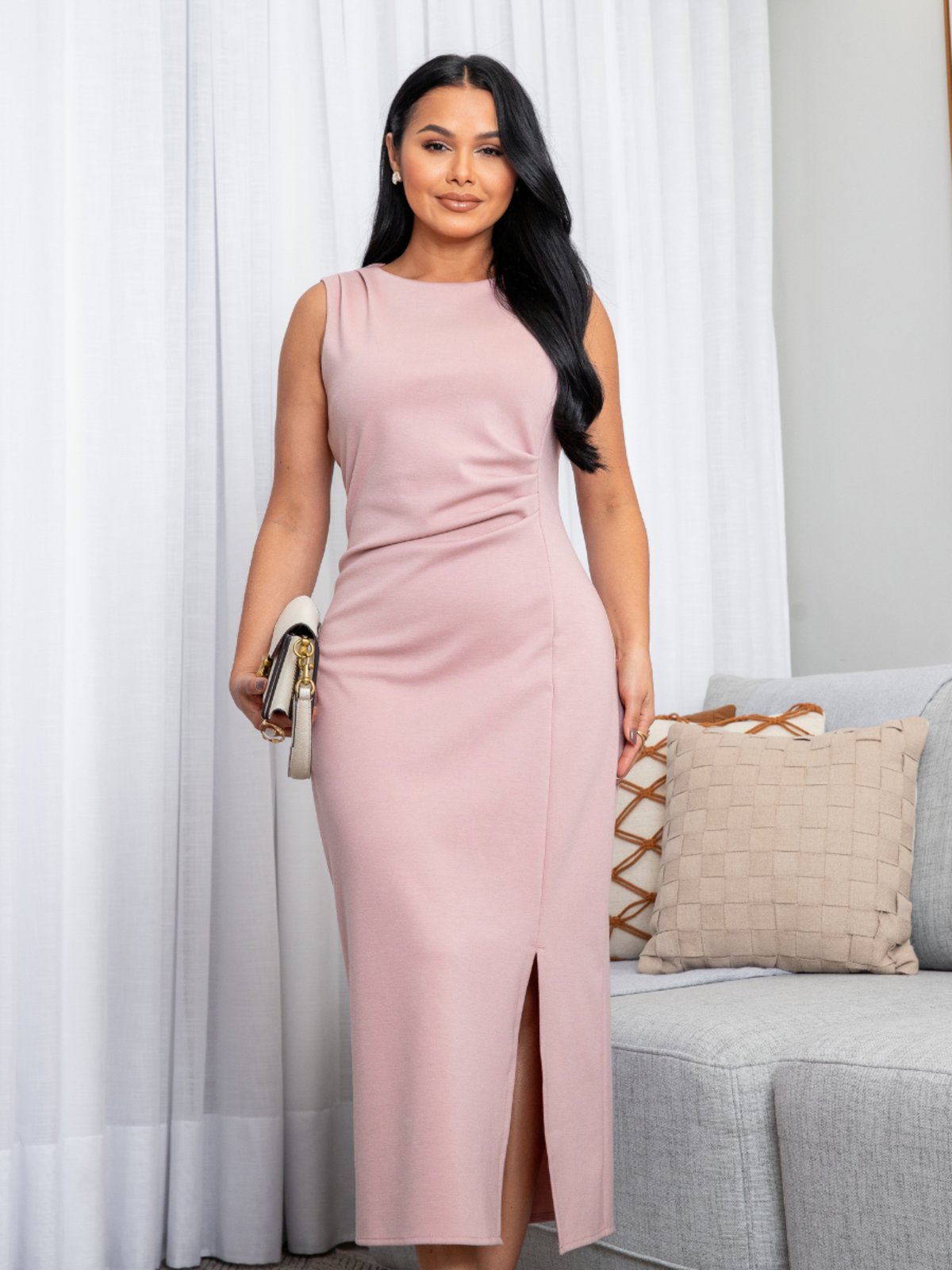 Vestido Feminino Midi Tubinho Elegante Drapeado Fenda Frontal Moda Evangélica sem Manga Rose
