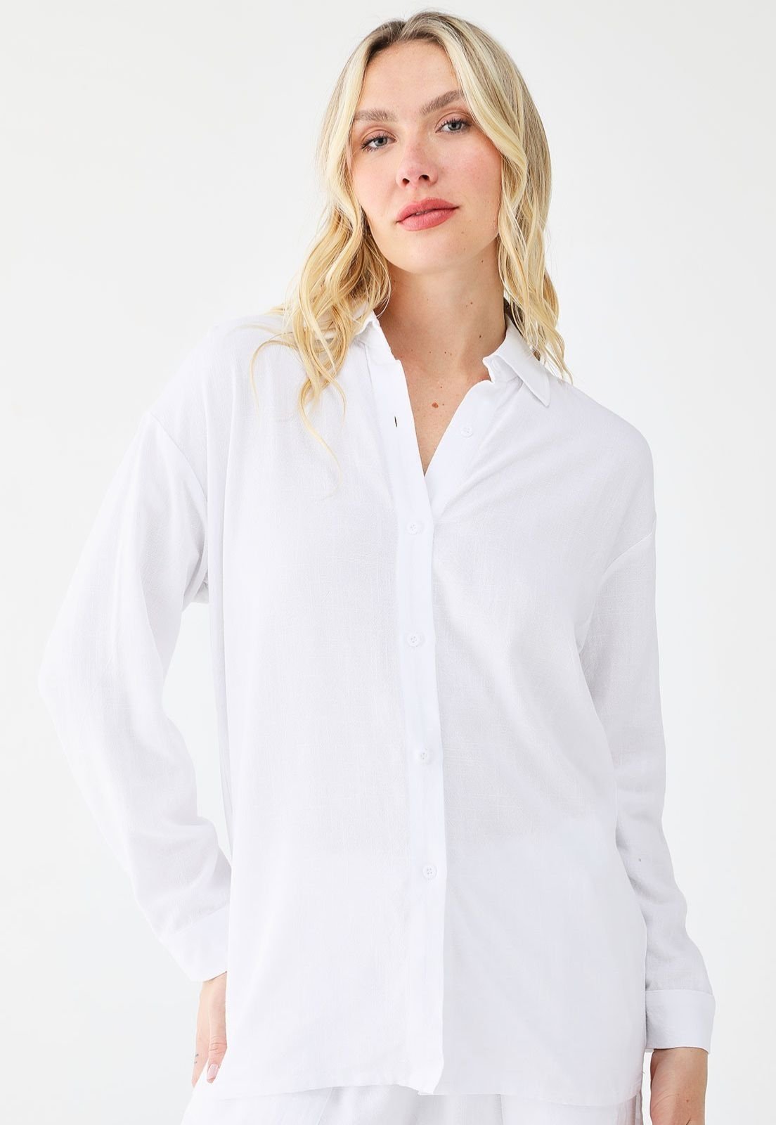 Camisa feminina de linho 77vs Levosch Alongada Branco
