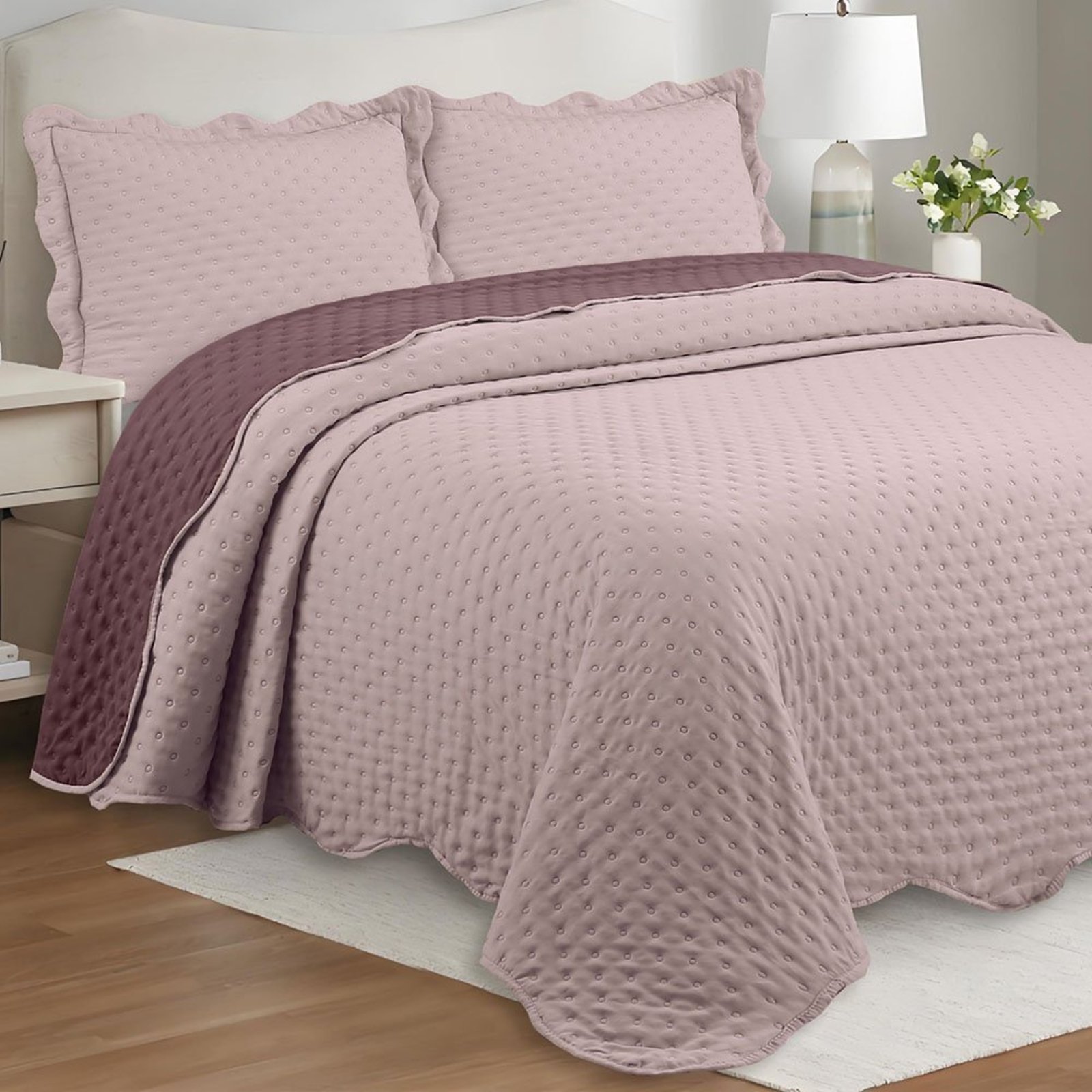 Kit Cobre Leito Bold Bicolour King Micropercal 300 Fios Colcha Dupla Face 3 Peças Malva