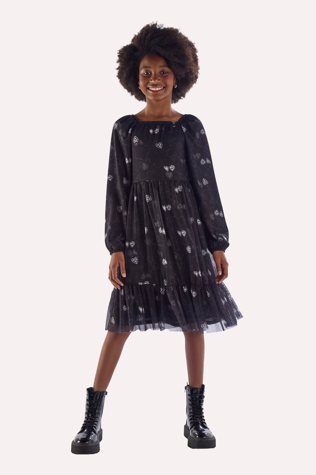 Infantil - Vestido Preto em Tule Estampado Sobreposto