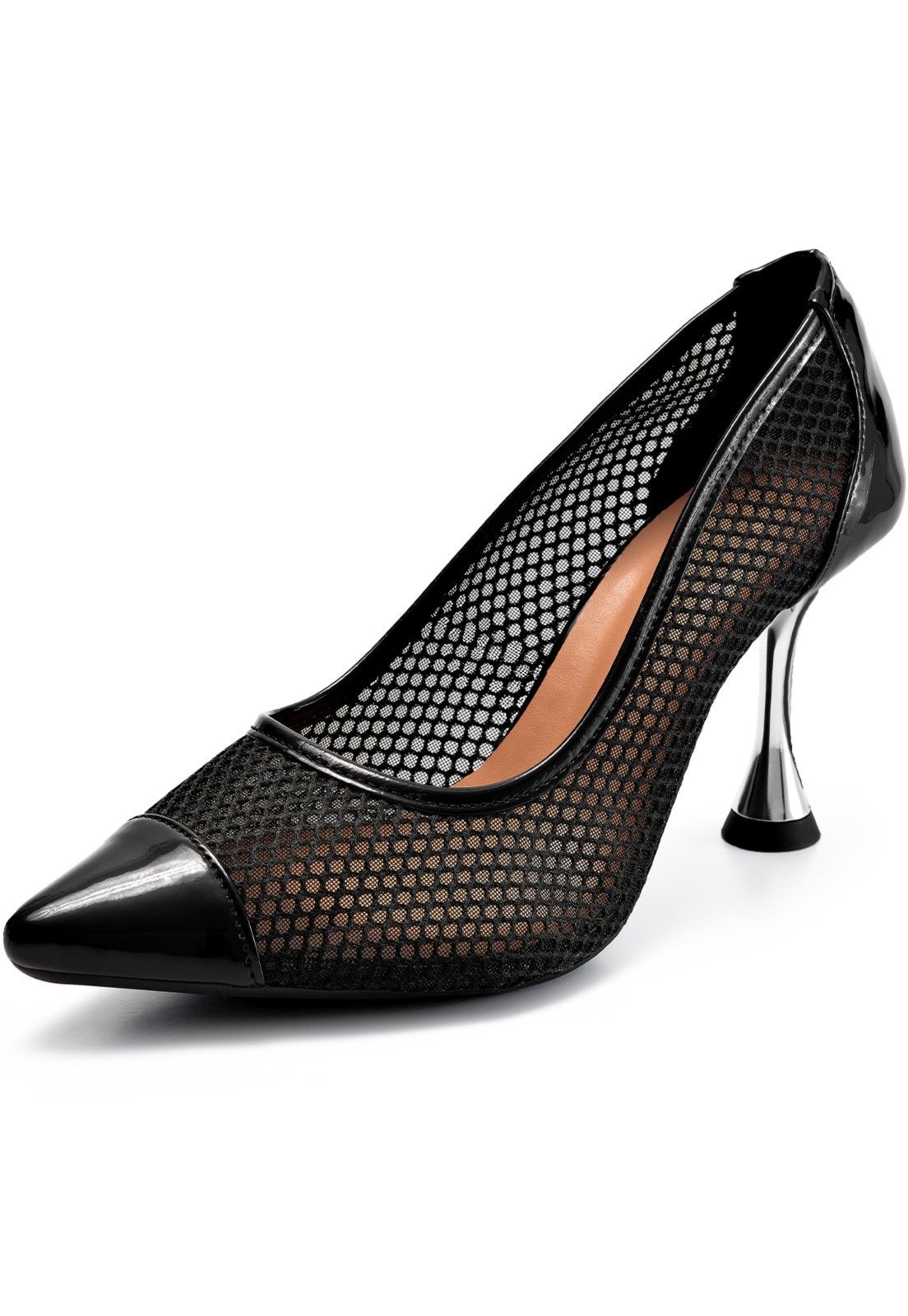 Scarpin Feminino Lumiss Salto Alto Fino Metalizado Tela Bico Fino Preto