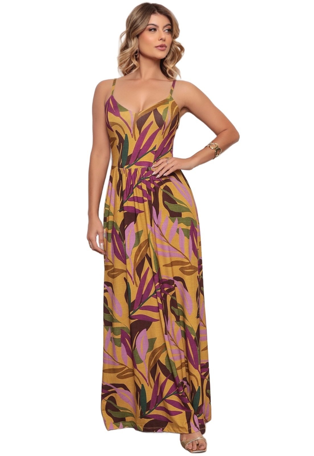Vestido Longo Casual Alcinha Dellamarca Estampa Total Mostarda