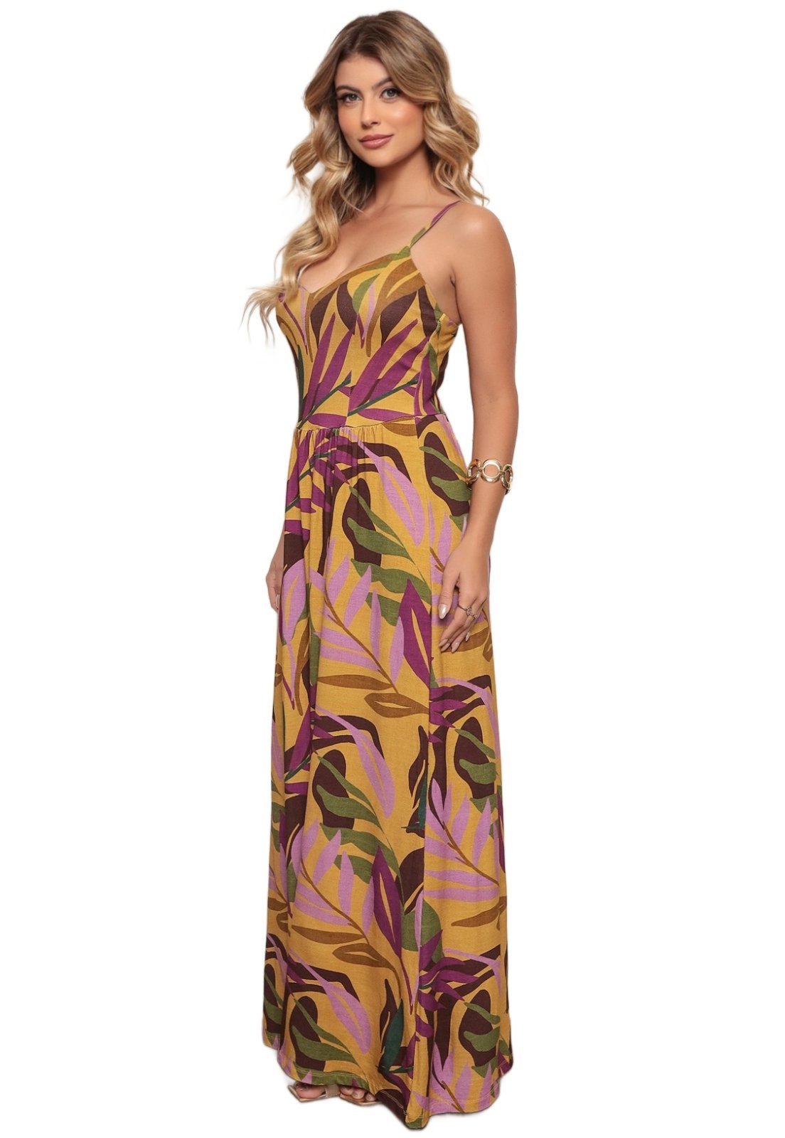 Vista 3 Vestido Longo Casual Alcinha Dellamarca Estampa Total Mostarda amarelo/estampado/ouro velho Dellamarca amarelo/estampado/ouro velho