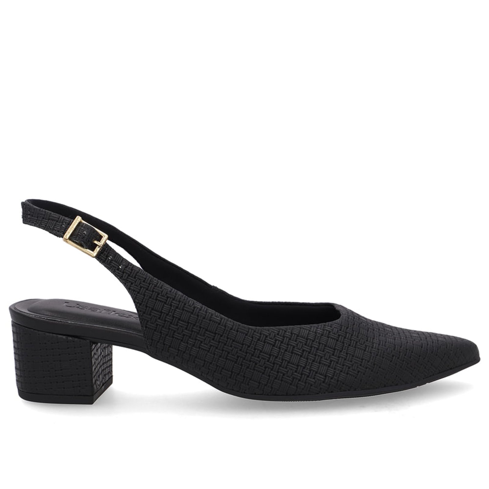 Slingback Preto Couro Bico Fino Casual