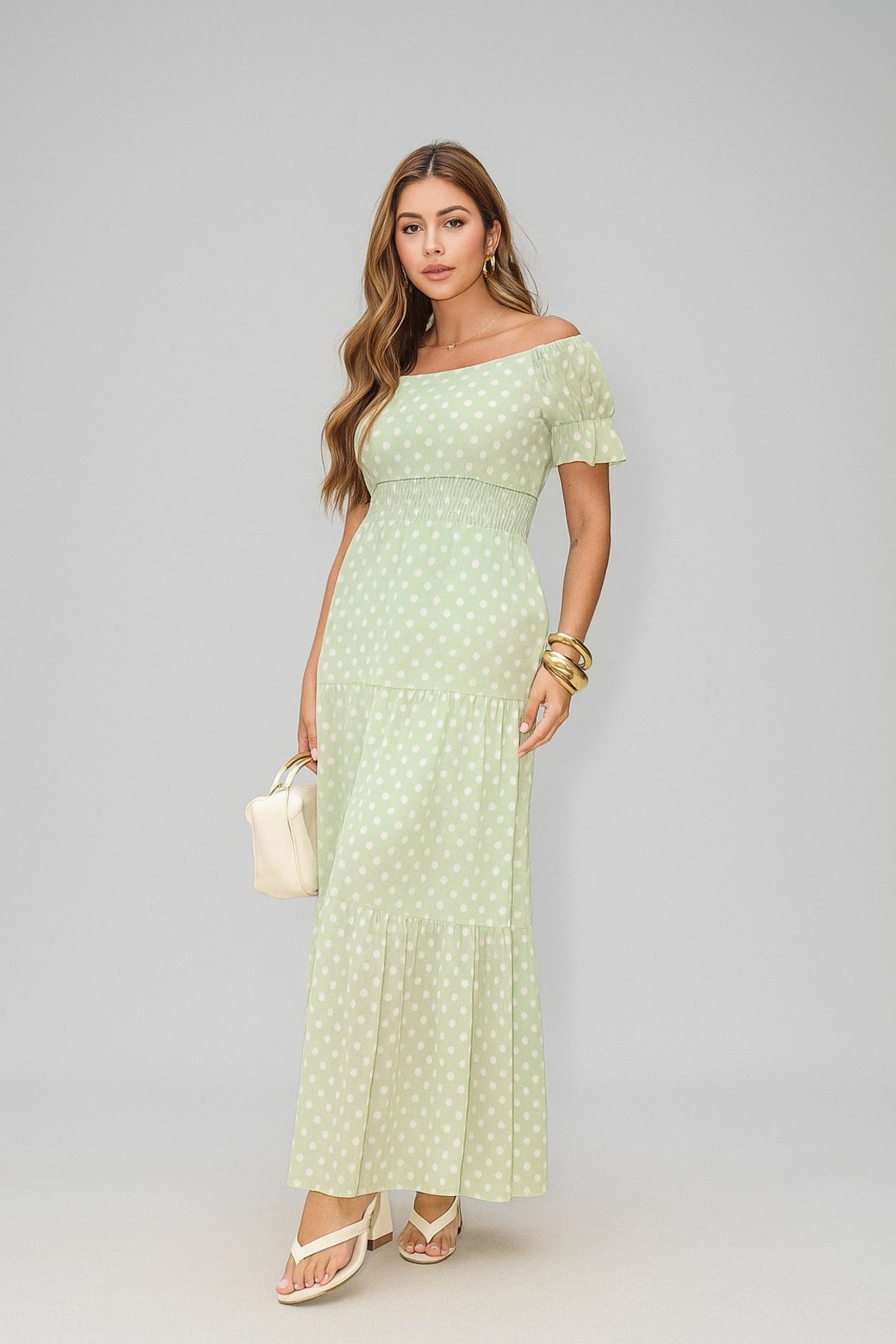 Vestido Longo D Bell Outlet Poá Verde