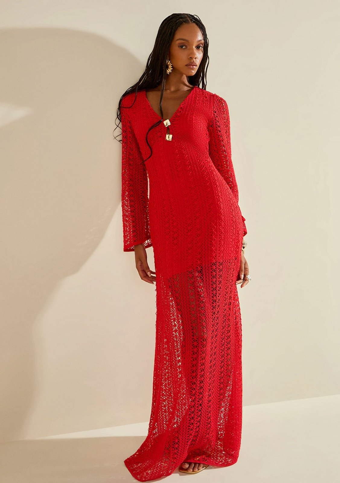 Vestido Morena Rosa Solto Decote V Manga Longa Longo Estampado