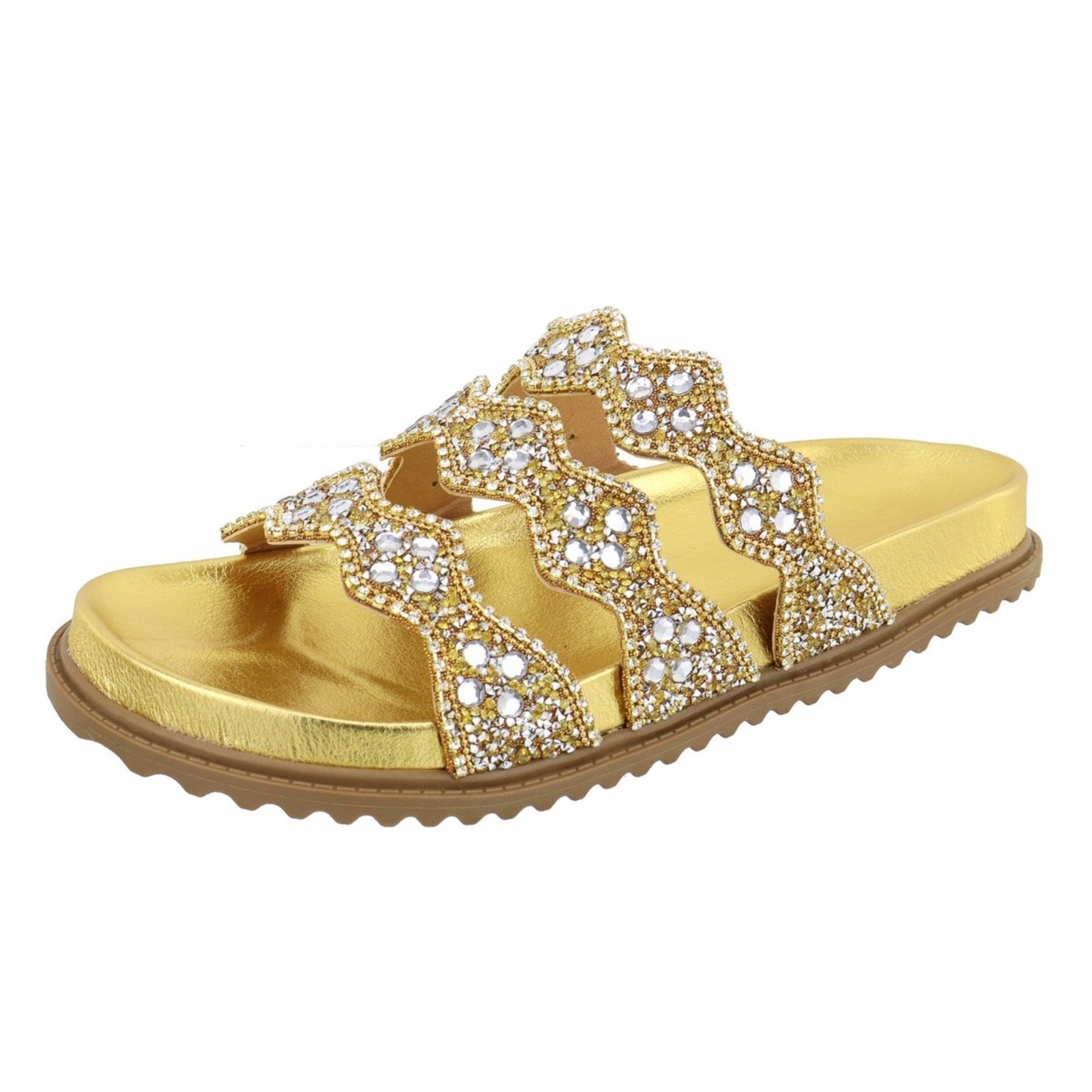 Papete Rasteira Feminina Paula B Em Pedraria Feita A Mão Com Tiras Onduladas Em Aplicações De Brilhos Strass Miçangas E Fivela Pamilha Confort Dourado