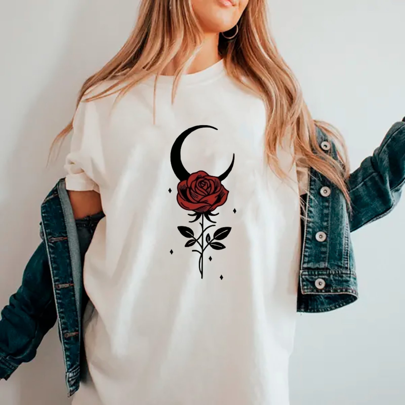 Camiseta Ousy Rosa e Lua Crescente Oversized Unissex Branco