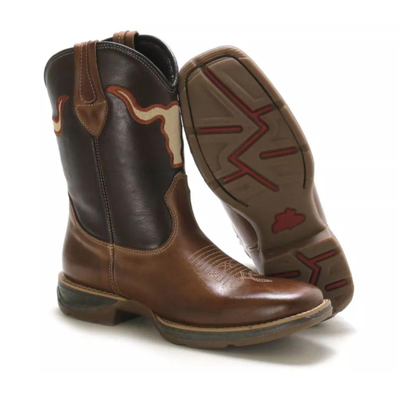 Bota Texana Masculina Couro Look Stock Bordada e Confortável Marrom