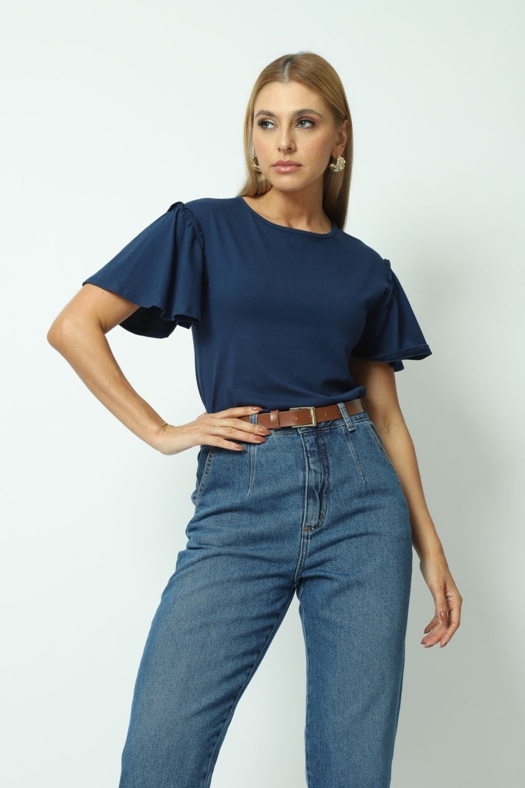 Blusa Detalhe Manga Azul Marinho G Gazzy