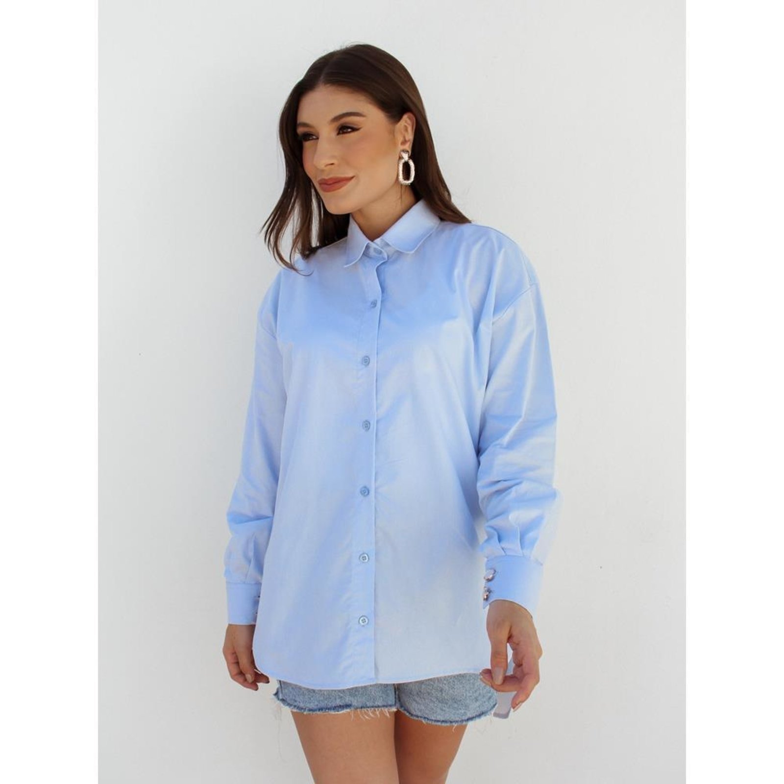 Vista 3 Camisa Feminina Oversized Modelagem Ampla Manga Longa azul azul