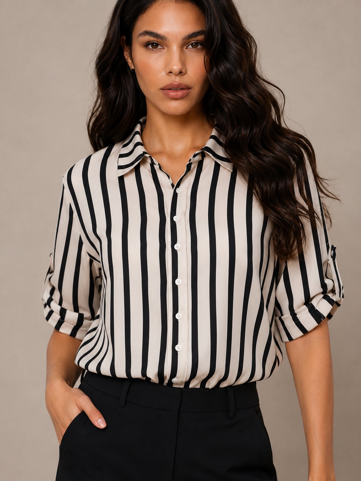 Max Camisa Tricoline Lapetry Feminina Manga Martingale Preta Social