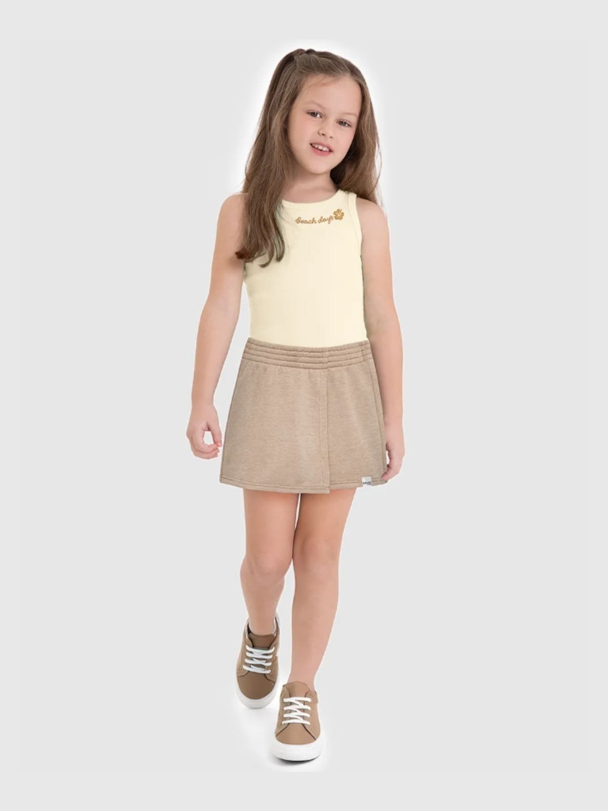 Infantil - Conjunto Menina Regata E Shorts Saia Em Moletinho Rajado Malwee