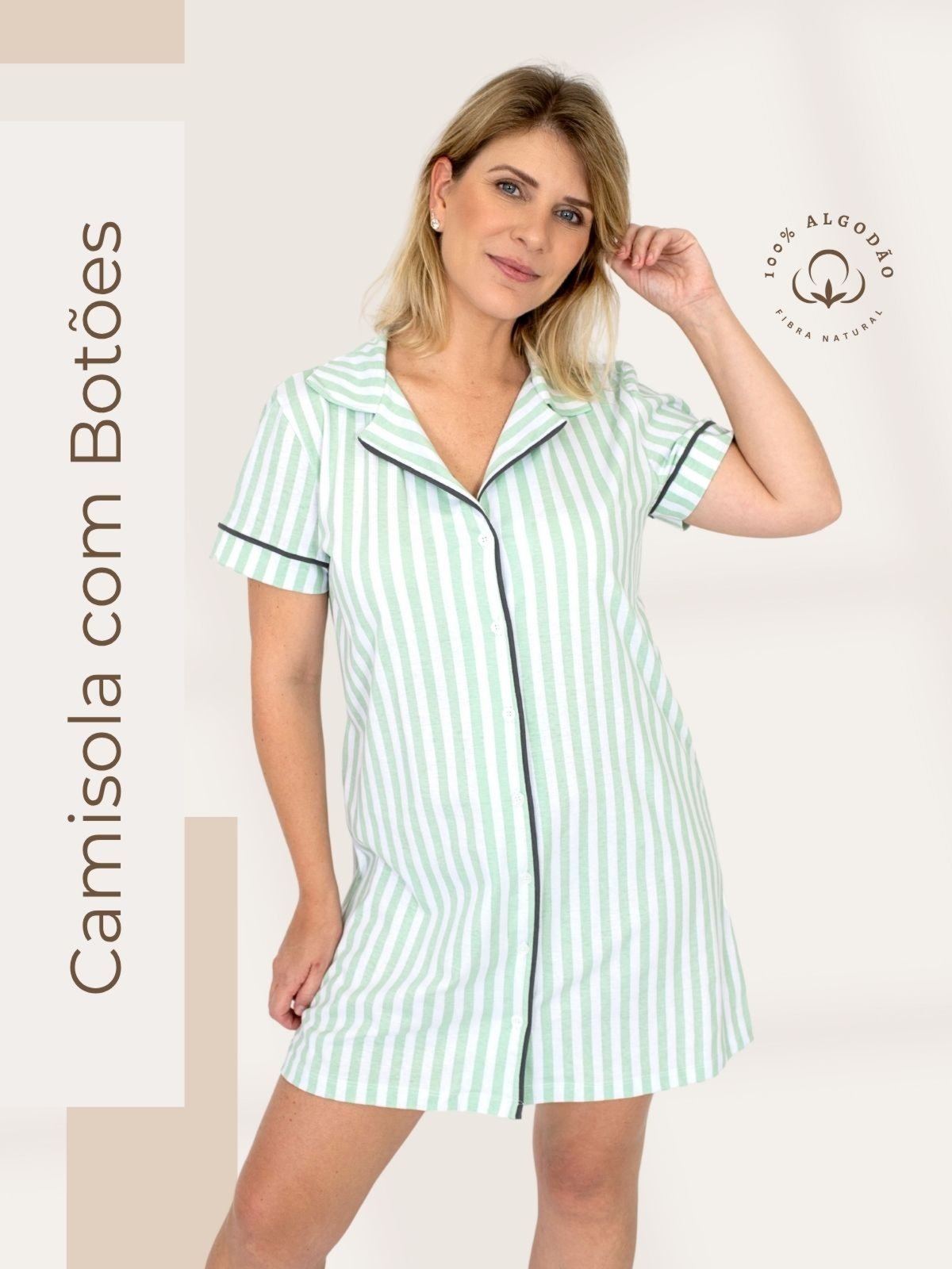 Camisola Algodão Piante Americana Manga Curta Listrado Verde