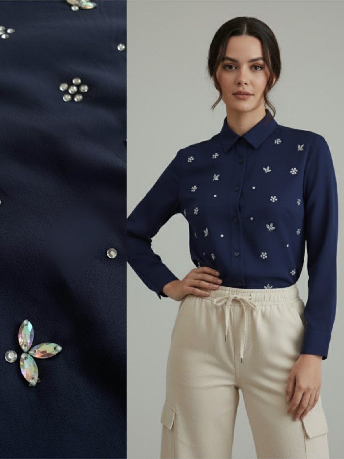 Camisa Social Feminina com Strass Variados Furta-cor Azul Marinho Blusa de Luxo Manga Longa Elegante