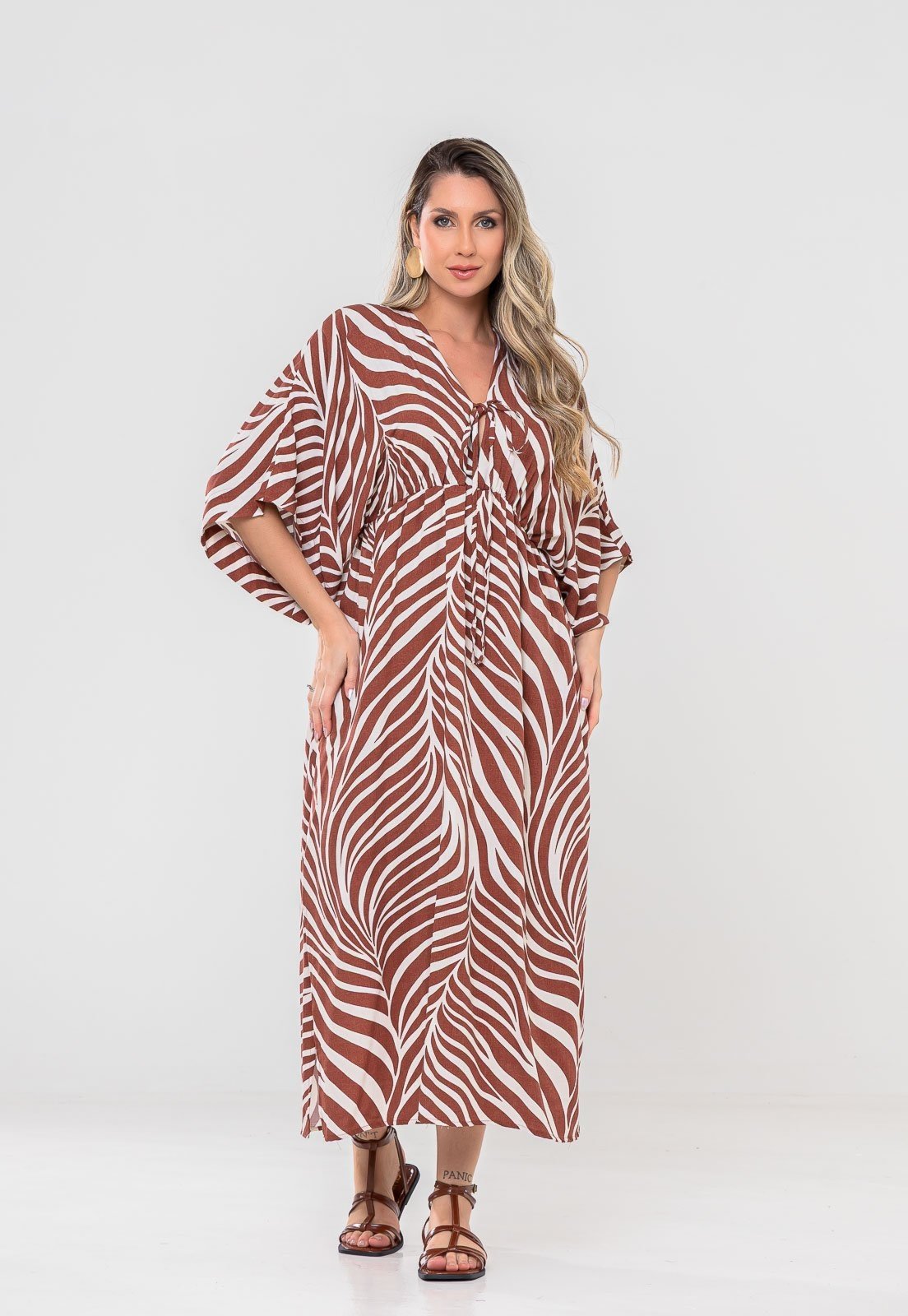Vestido Aura Francine Viscolinho Folhagem Marrom