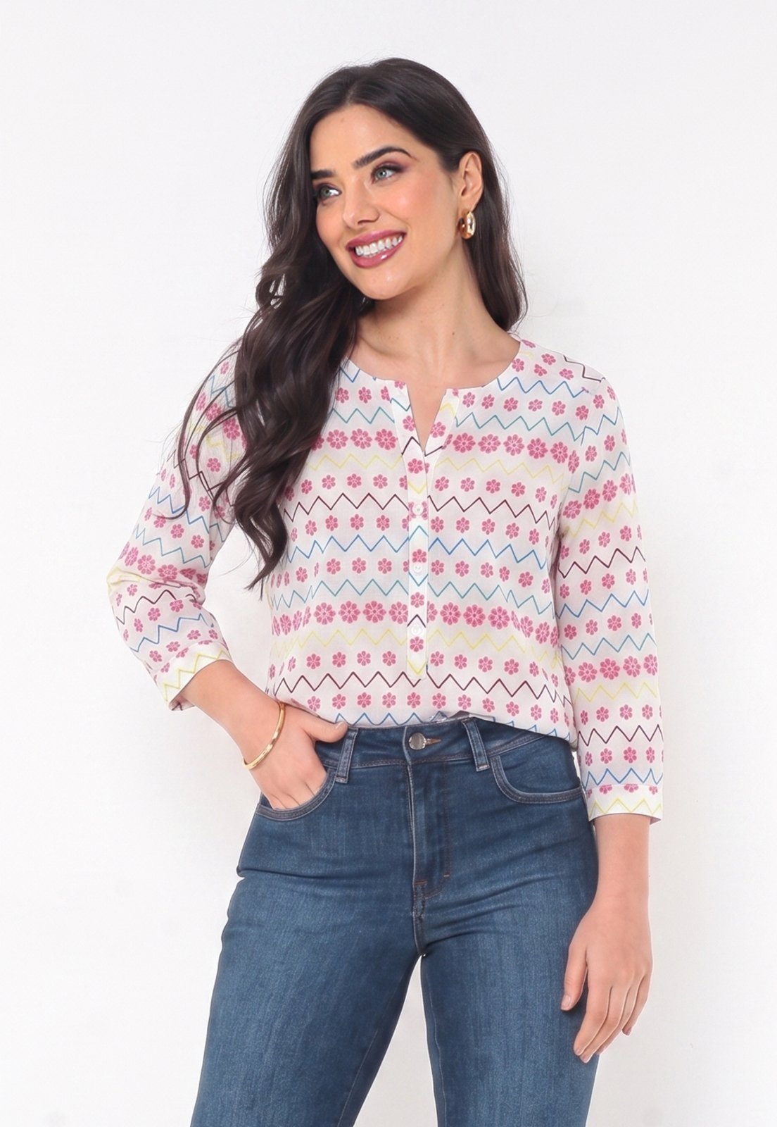 Blusa Intens Manga 3/4 Algodão Bordado