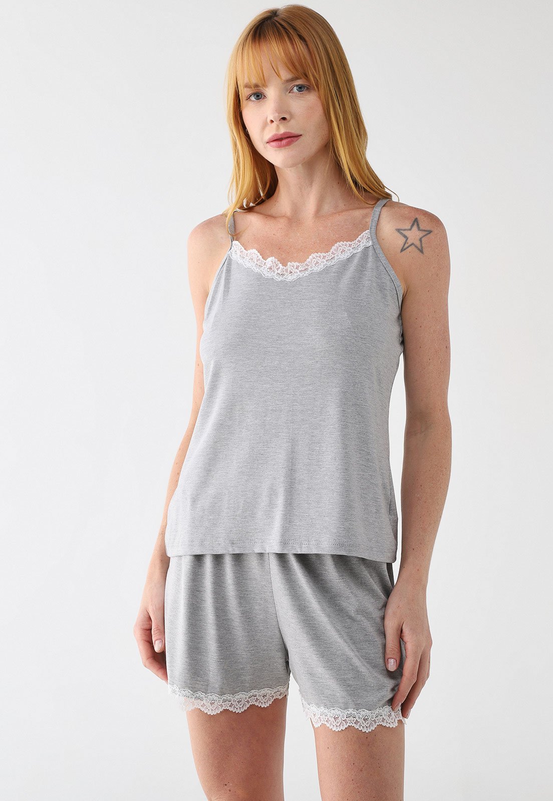 Pijama Curto Feminino Malwee Renda Cinza Mescla