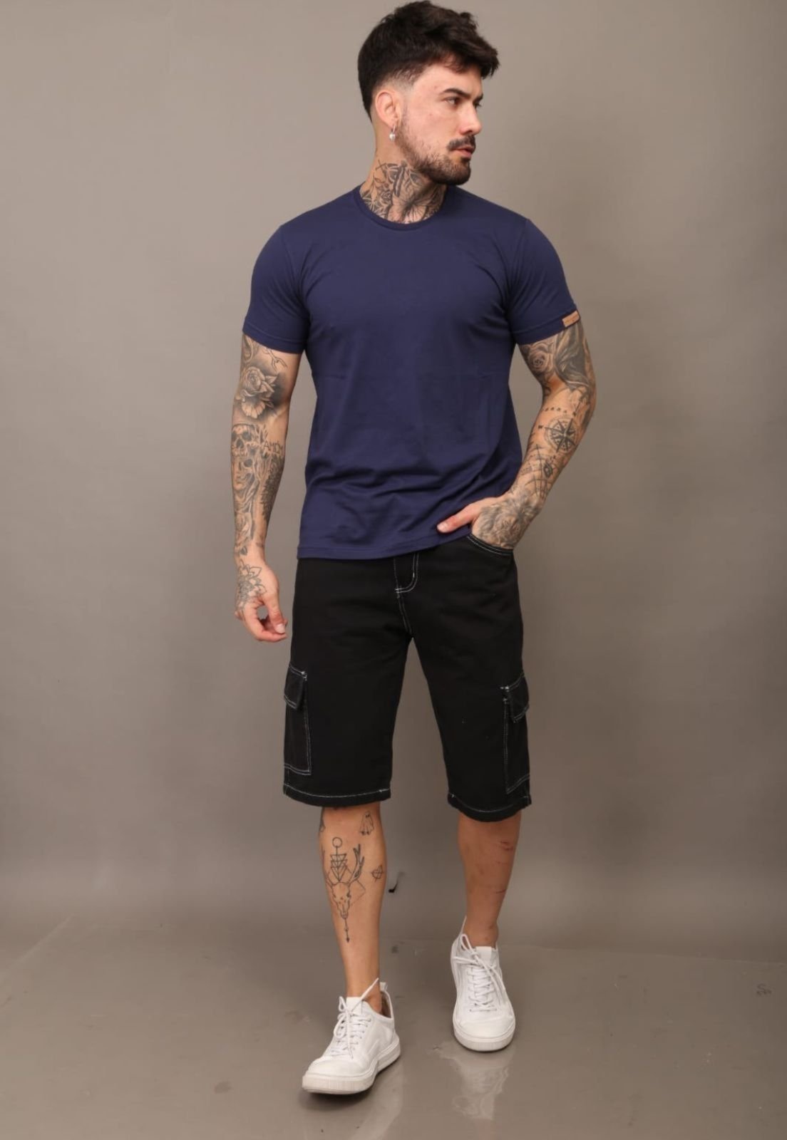 Bermuda Preta com Costura Branca Sarja Masculina Jeans Loka
