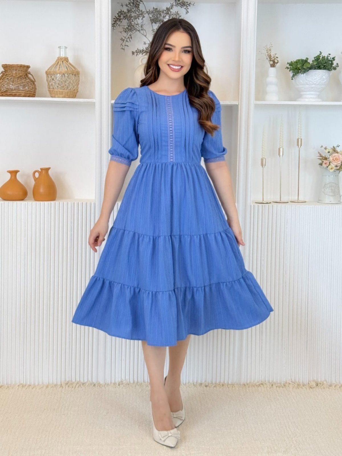 Vestidos Midi Elegante Festa Convidada com Manga e Guipir Azul eclesiástico