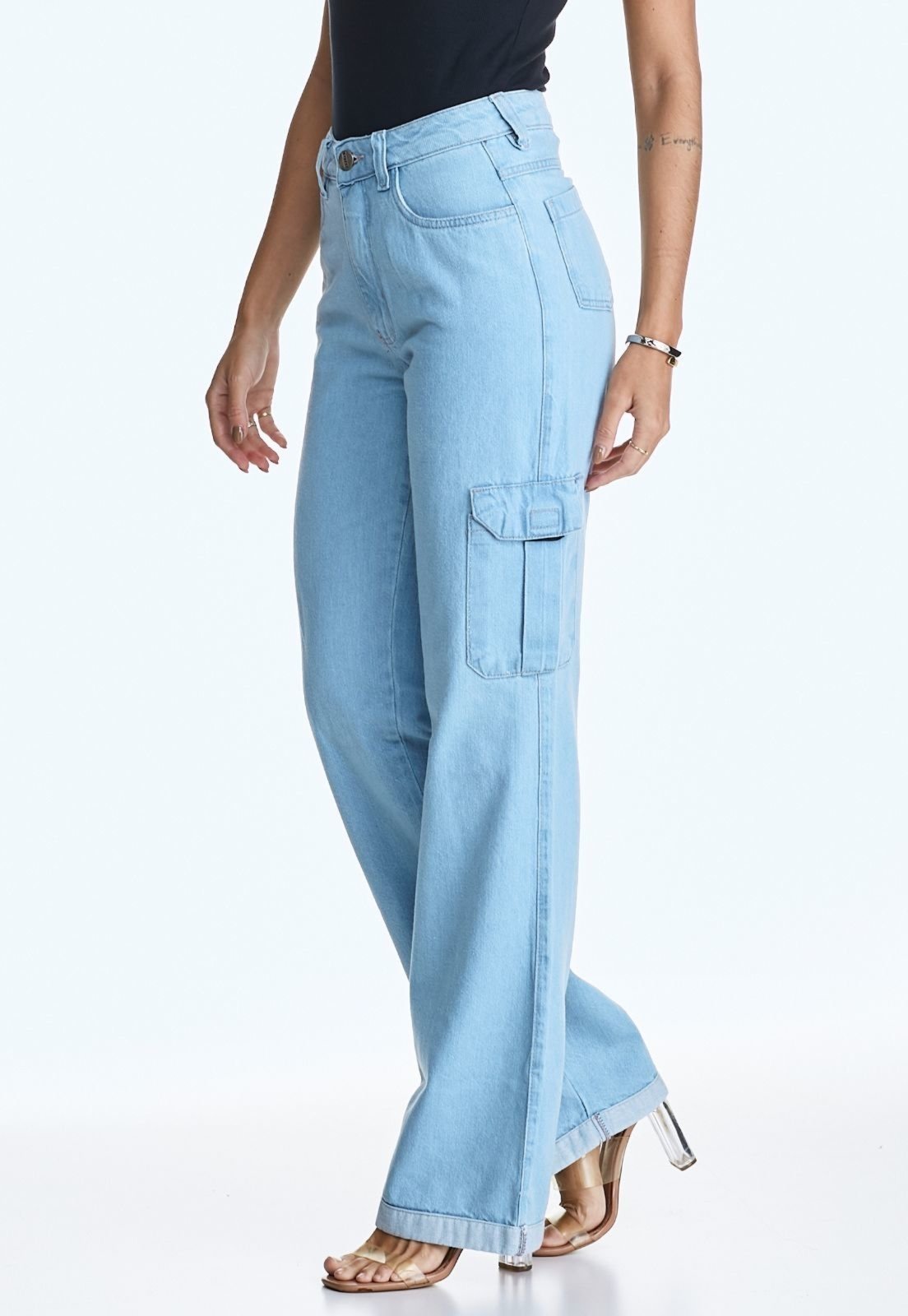 Calça Jeans HNO Jeans Wide Leg Pantalona com Bolso Lateral Azul Claro