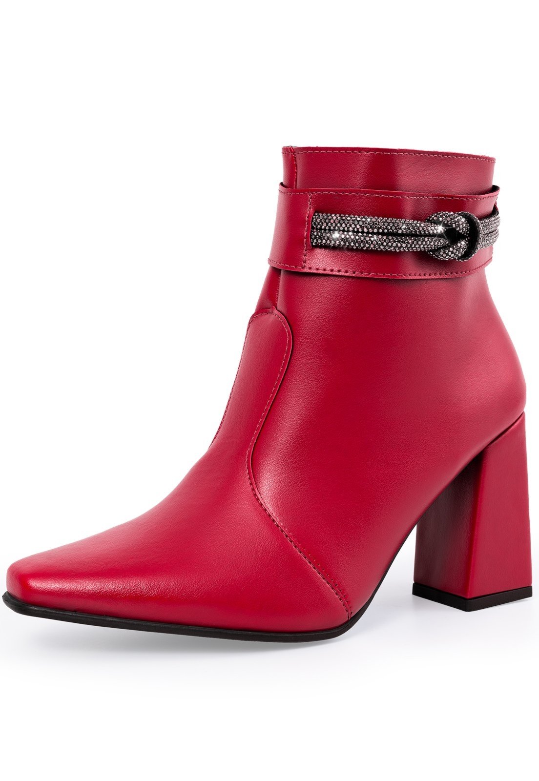 Bota Feminina Strass Brilho Bico Fino Lumiss Salto Alto Grosso Cano Curto Vermelho Vermelho Marsala