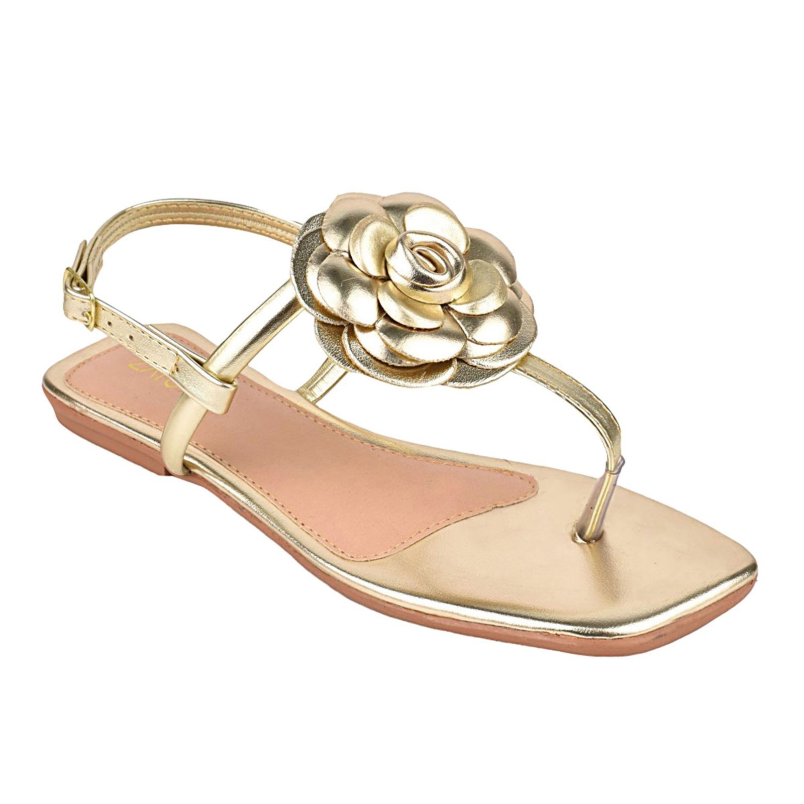 Vista 3 Sandália Rasteirinha Feminina com Fivela e Flor Leve Macia Estilo Casual Verão Ouro ZATURE STORES ouro velho ZATURE STORES ouro velho