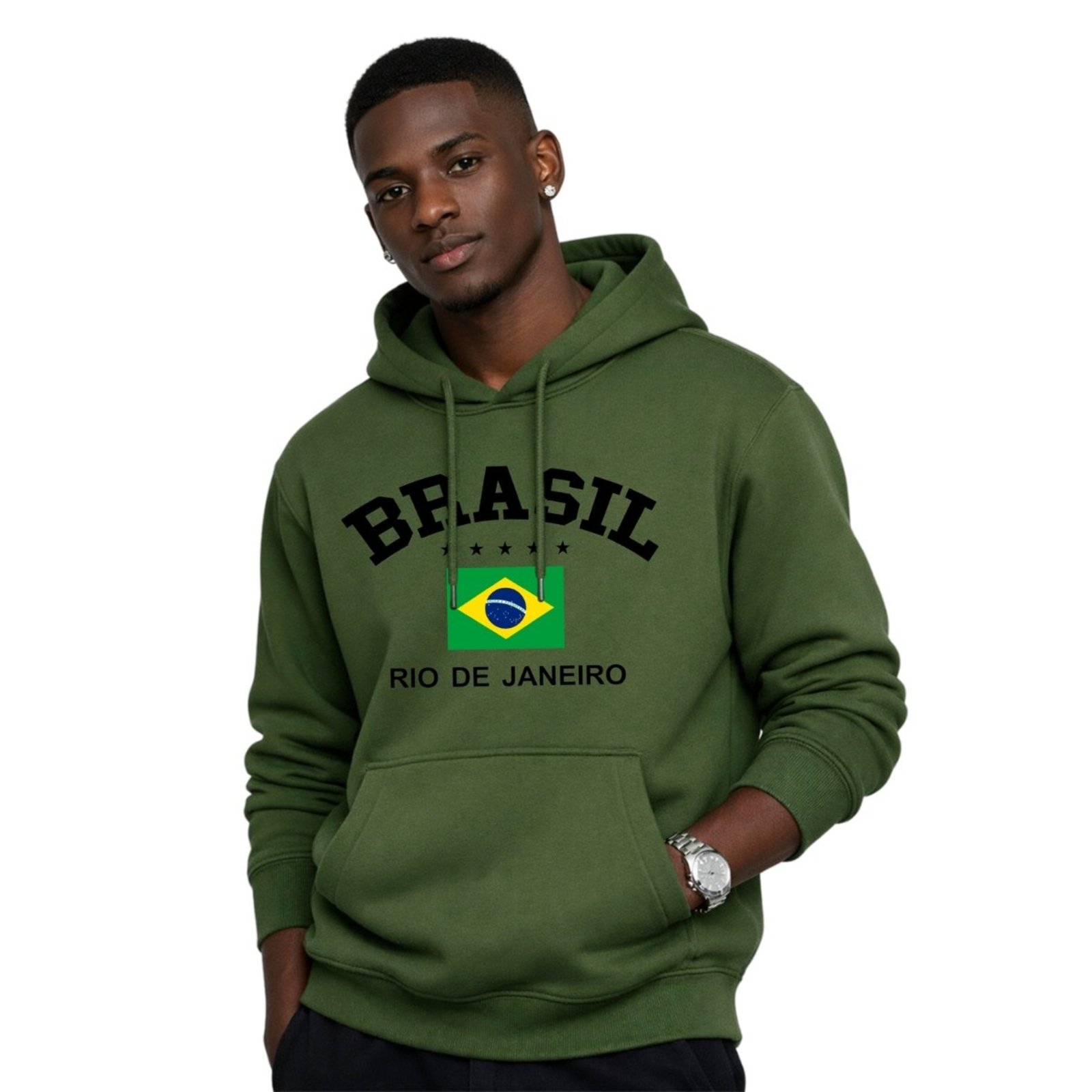 Blusa de Frio Moletom Casaco Estampado Bolso Canguru Com Capuz RIO