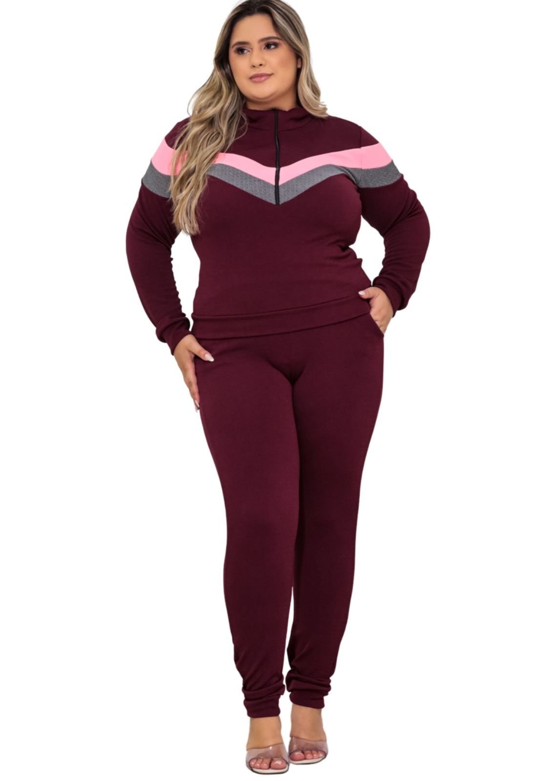 Conjunto Summer Body Plus Size Quentinho Blusa Frio Calça Malha Crepe Vinho