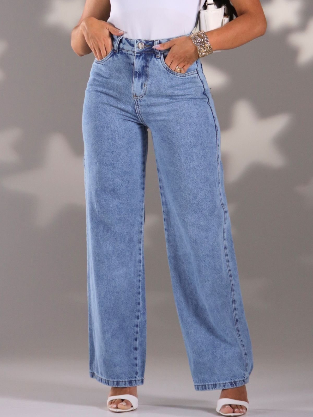 Vista 3 Calça Donna De Paula Wide Leg Jeans Claro Feminina Cintura Alta azul Donna de Paula azul