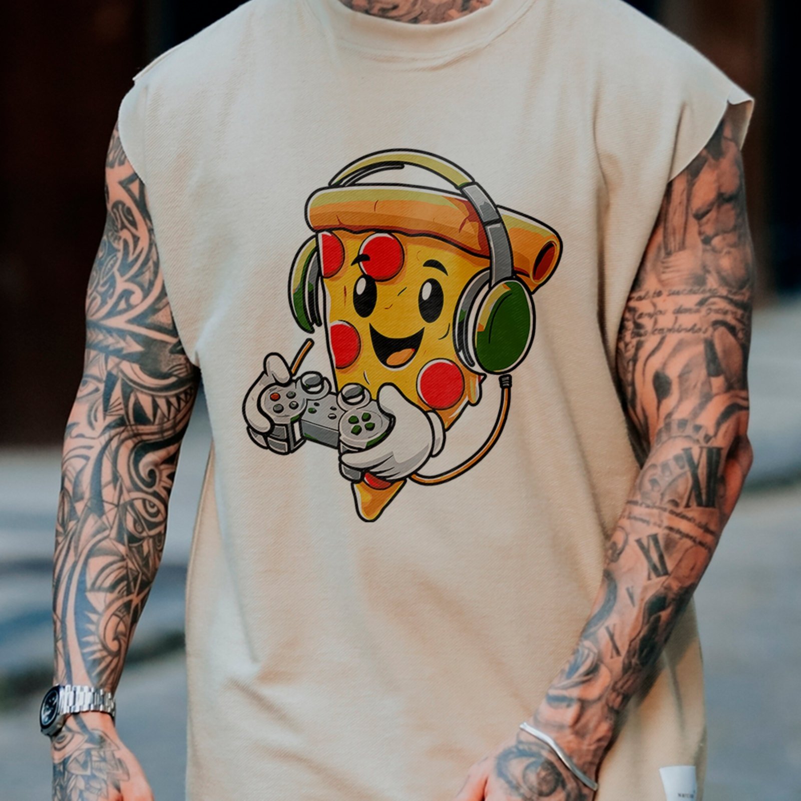 Camiseta Regata Machão Pizza Gamer Cartoon Geek Estilo Urbano Off White