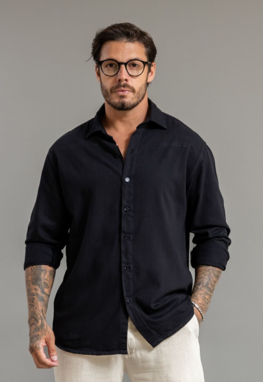 Camisa Social Manga Longa Masculina Color em Viscose Dialogo Azul Marinho