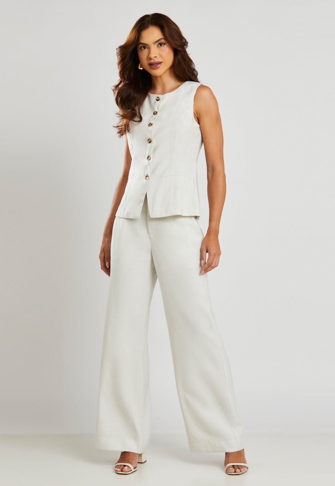 Conjunto Colete Calça Miss Joy 8422-8420 Crepe Slub Areia