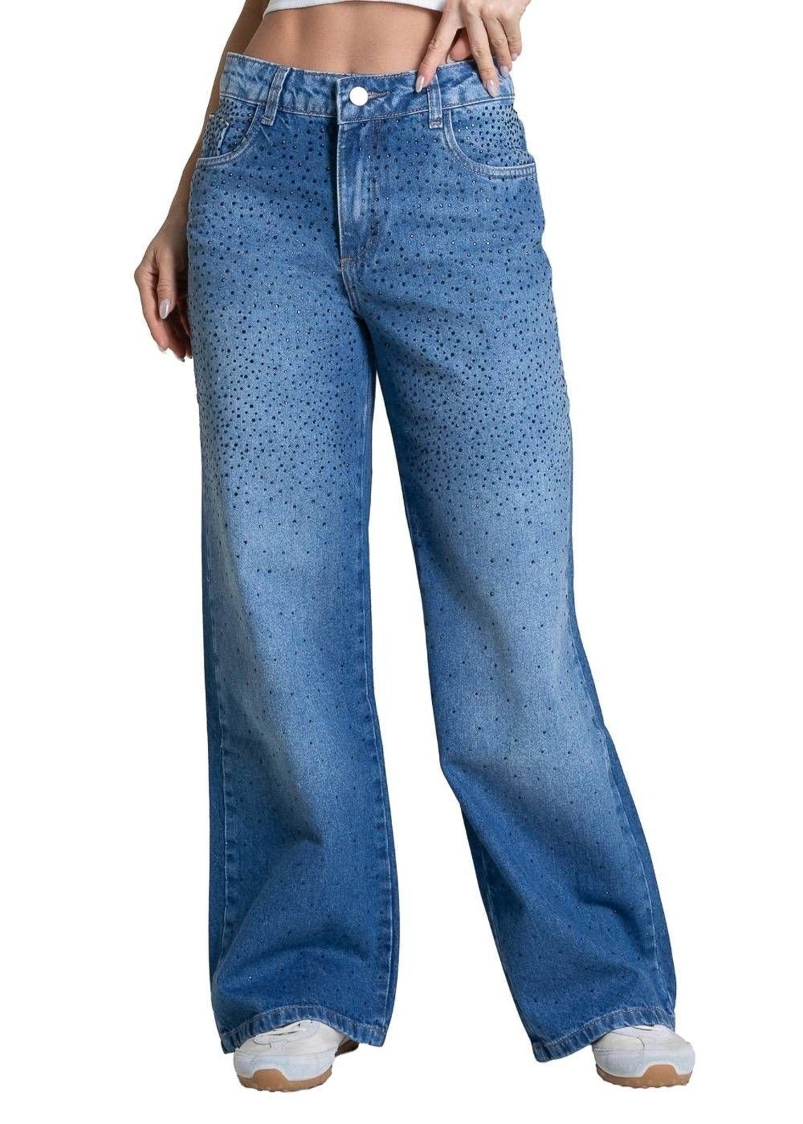 Calça Jeans Sawary Wide Leg Petit Brilho - 283842 - Azul - Sawary