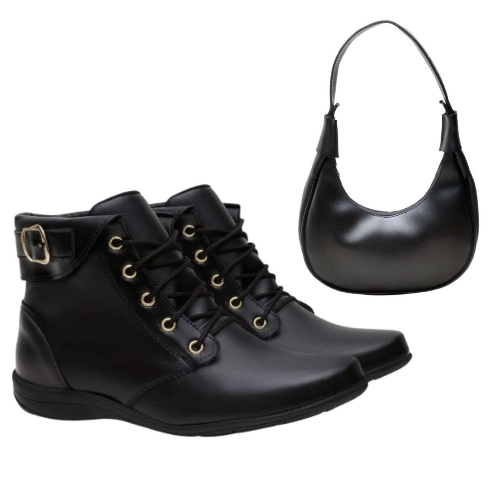 Kit Bota Feminina Anna Andrade Botinha Cano Curto Casual Rasteira Bolsa Ombro Preto