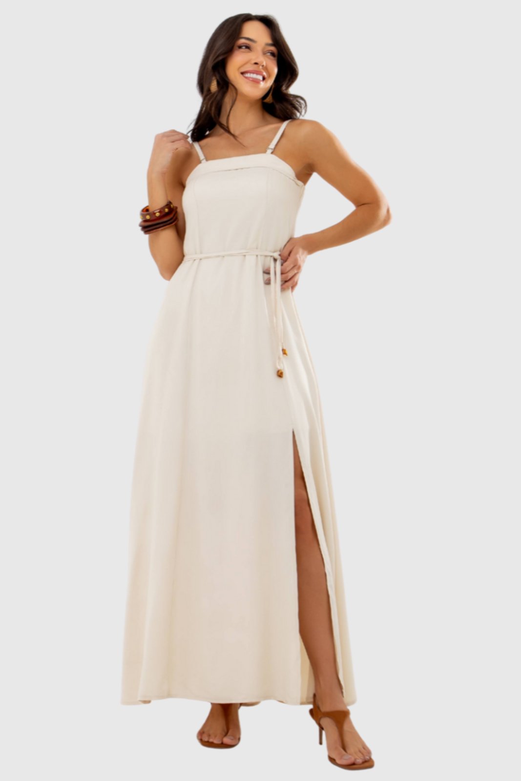 Vestido Feminino Amora Café Longo Fluído Off White