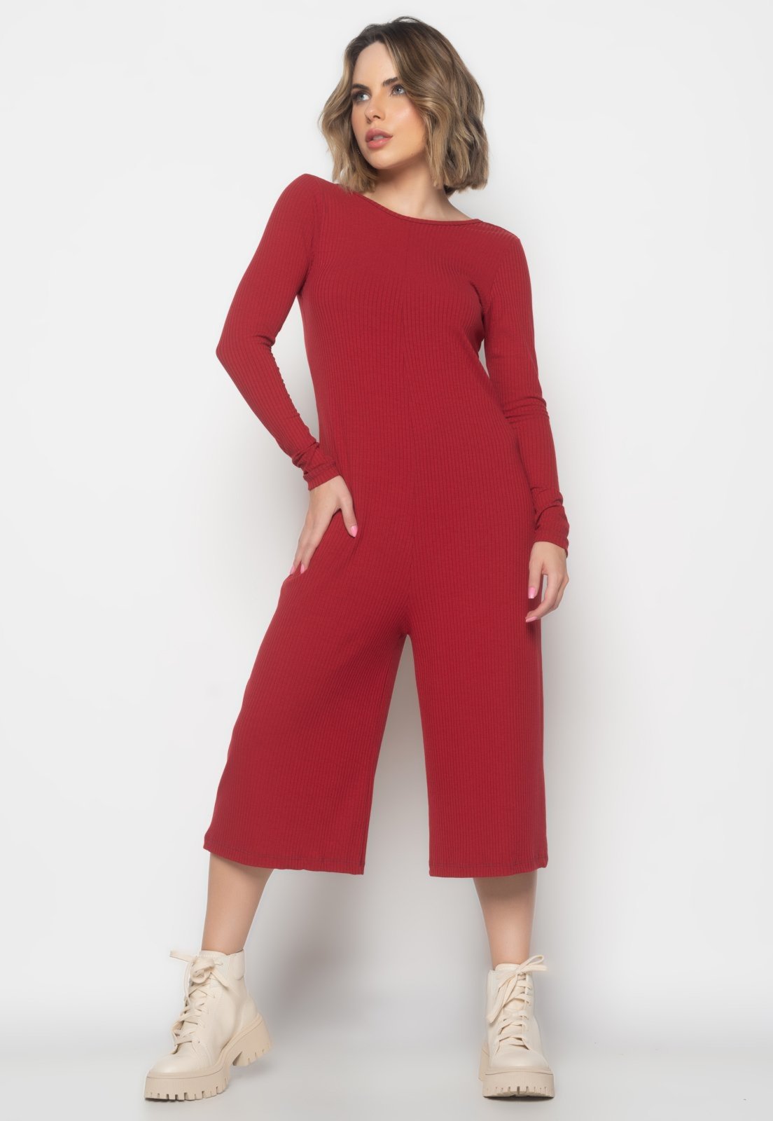 Macacão Manga Longa Salvatore Pantacourt Canelado Salvatore Fashion Vermelho