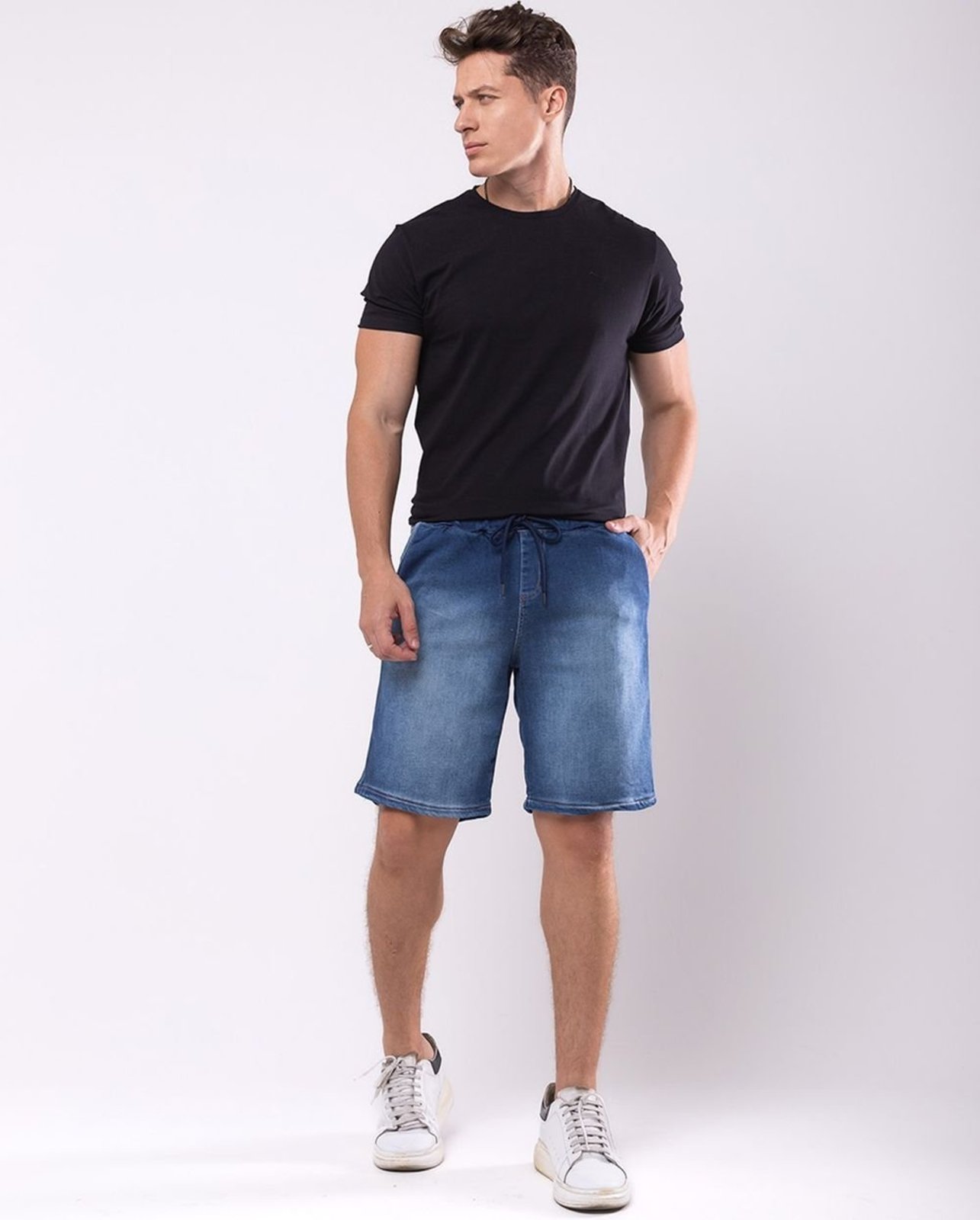 Bermuda Jeans Masculina Cós de Elastico 23854 Escura com Used Consciência