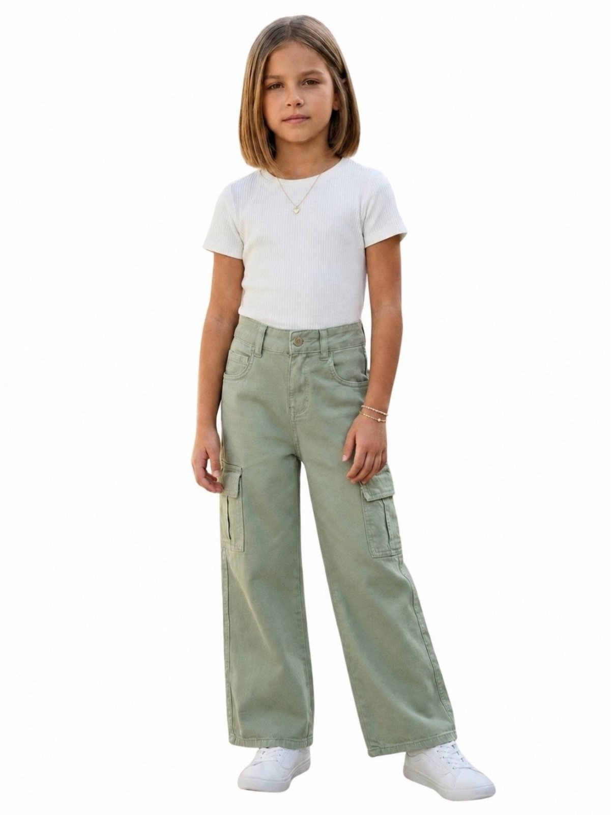 Infantil - Calça Sarja Wide Leg Cargo Crawling Feminina Verde