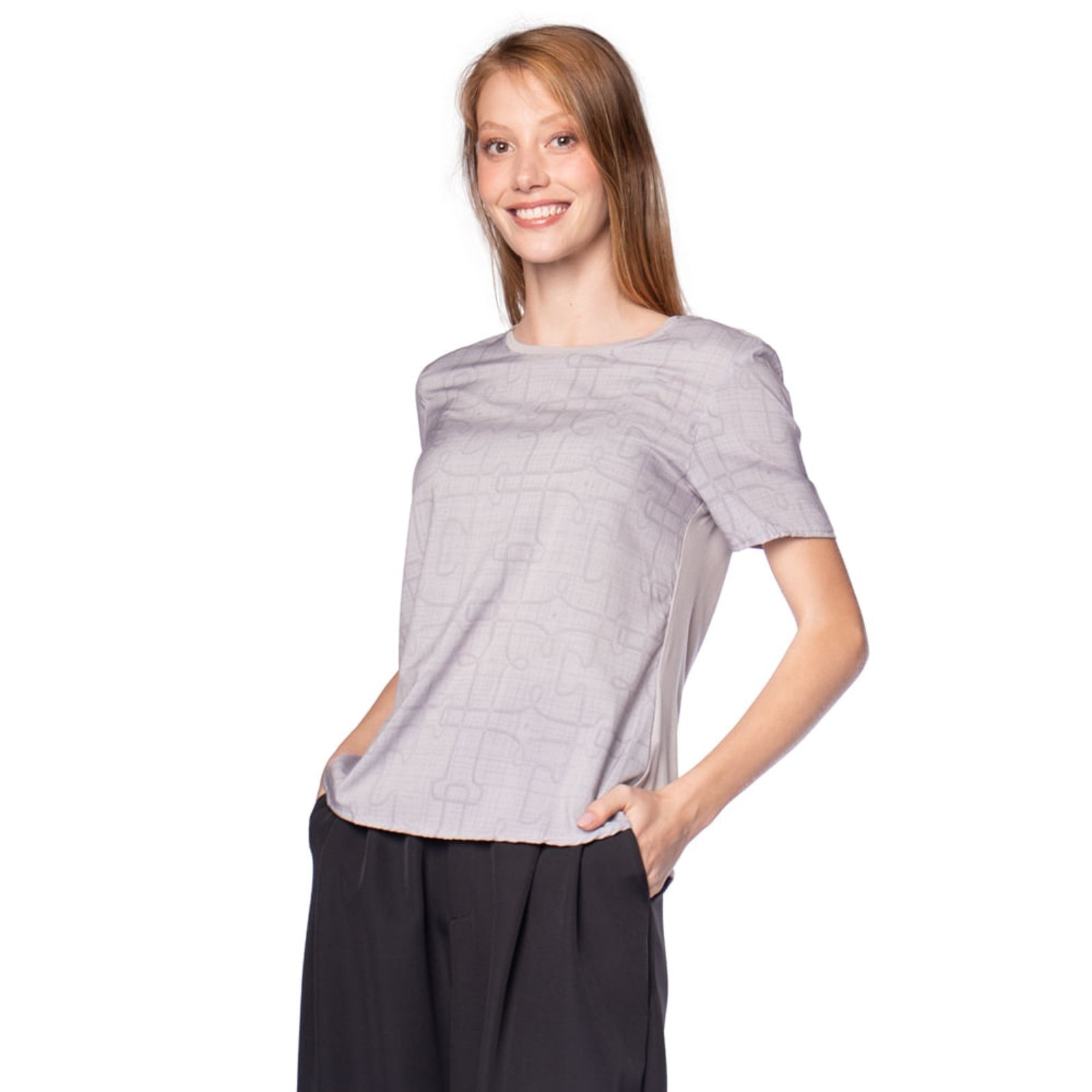 Blusa Feminina Cativa Manga Curta Detalhe Linhas Cinza