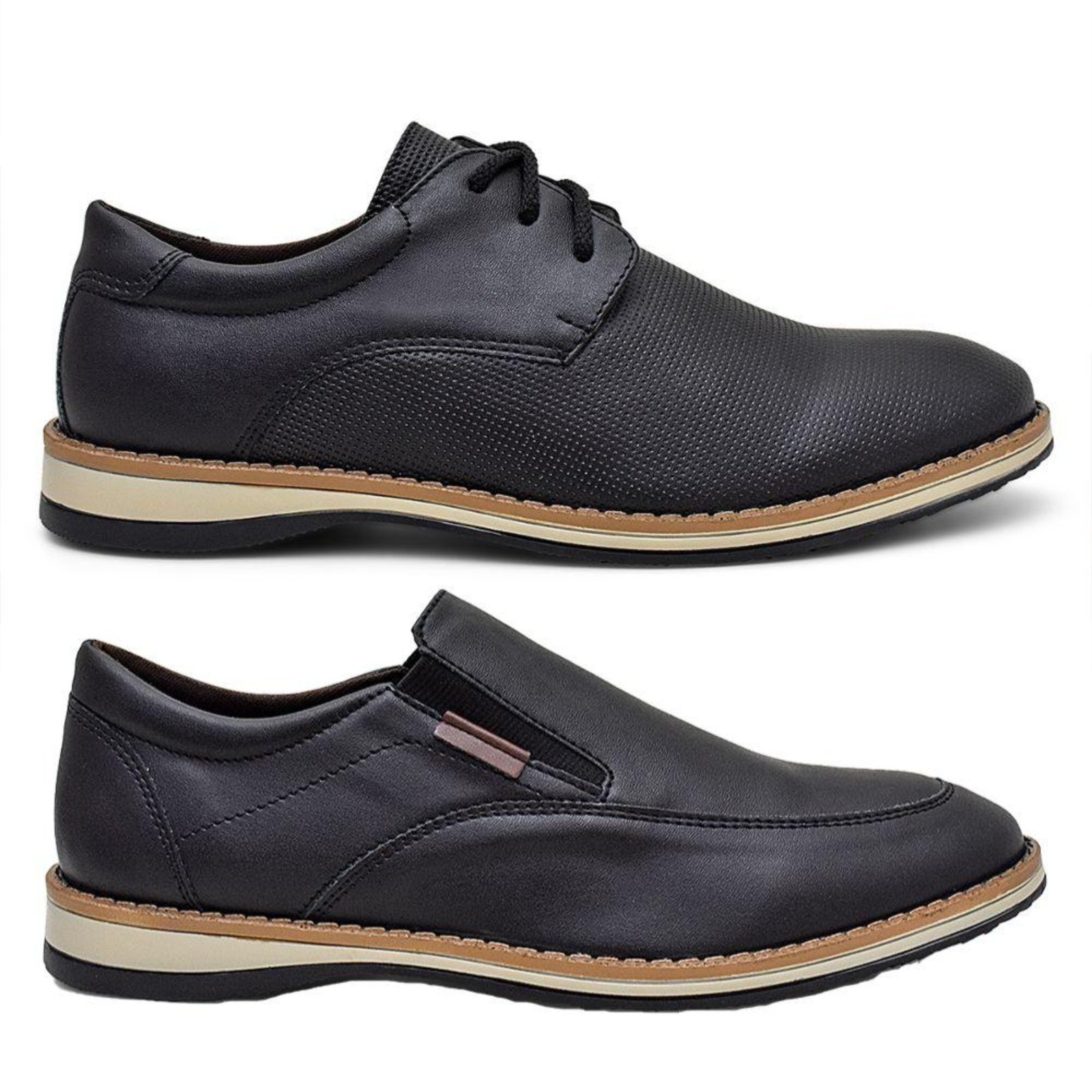 Kit Tenis Masculino e Sapato Oxford Liso Calce Fácil Preto