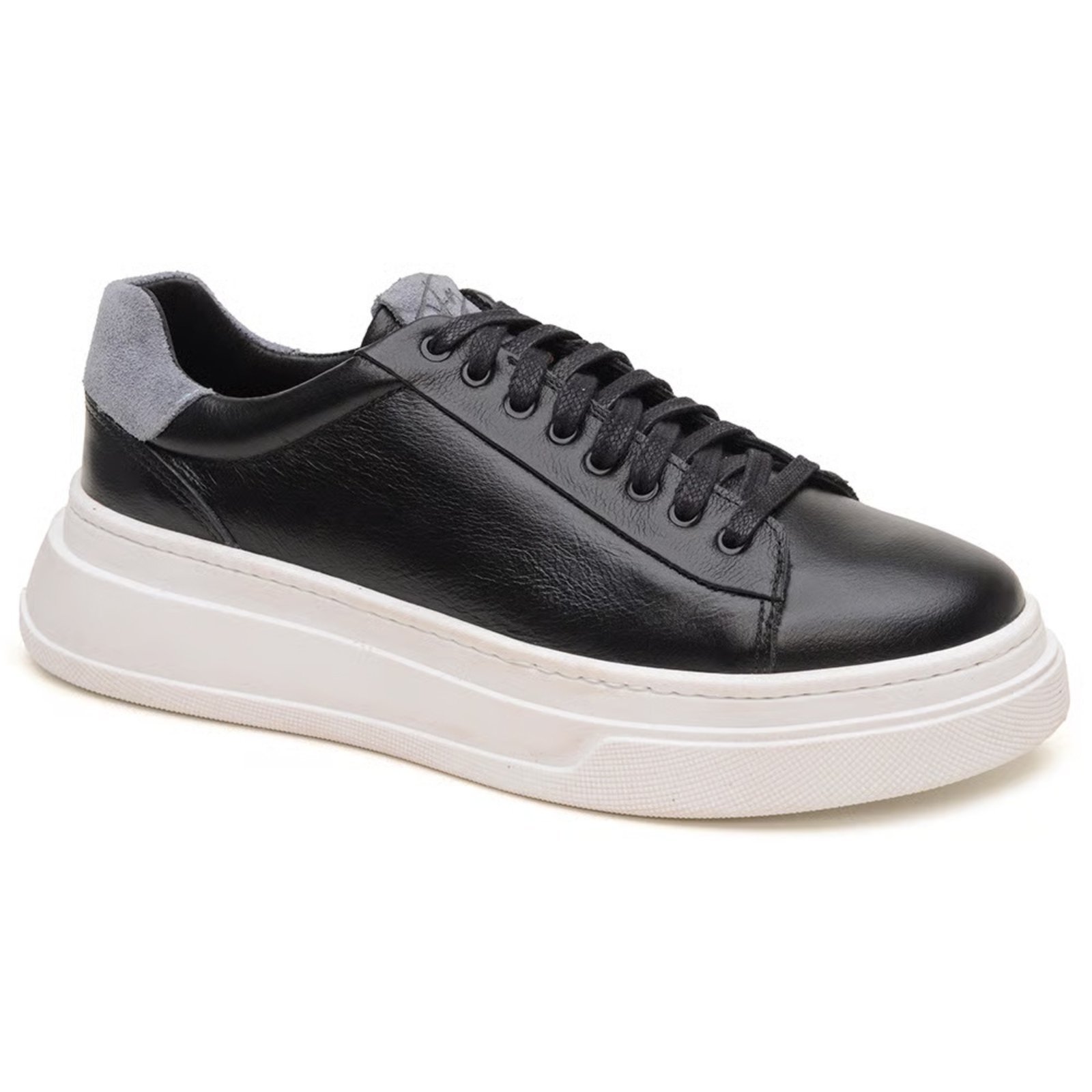 Tênis Sneaker Masculino Couro Legítimo Sola Alta Extremo Conforto Moderno Preto