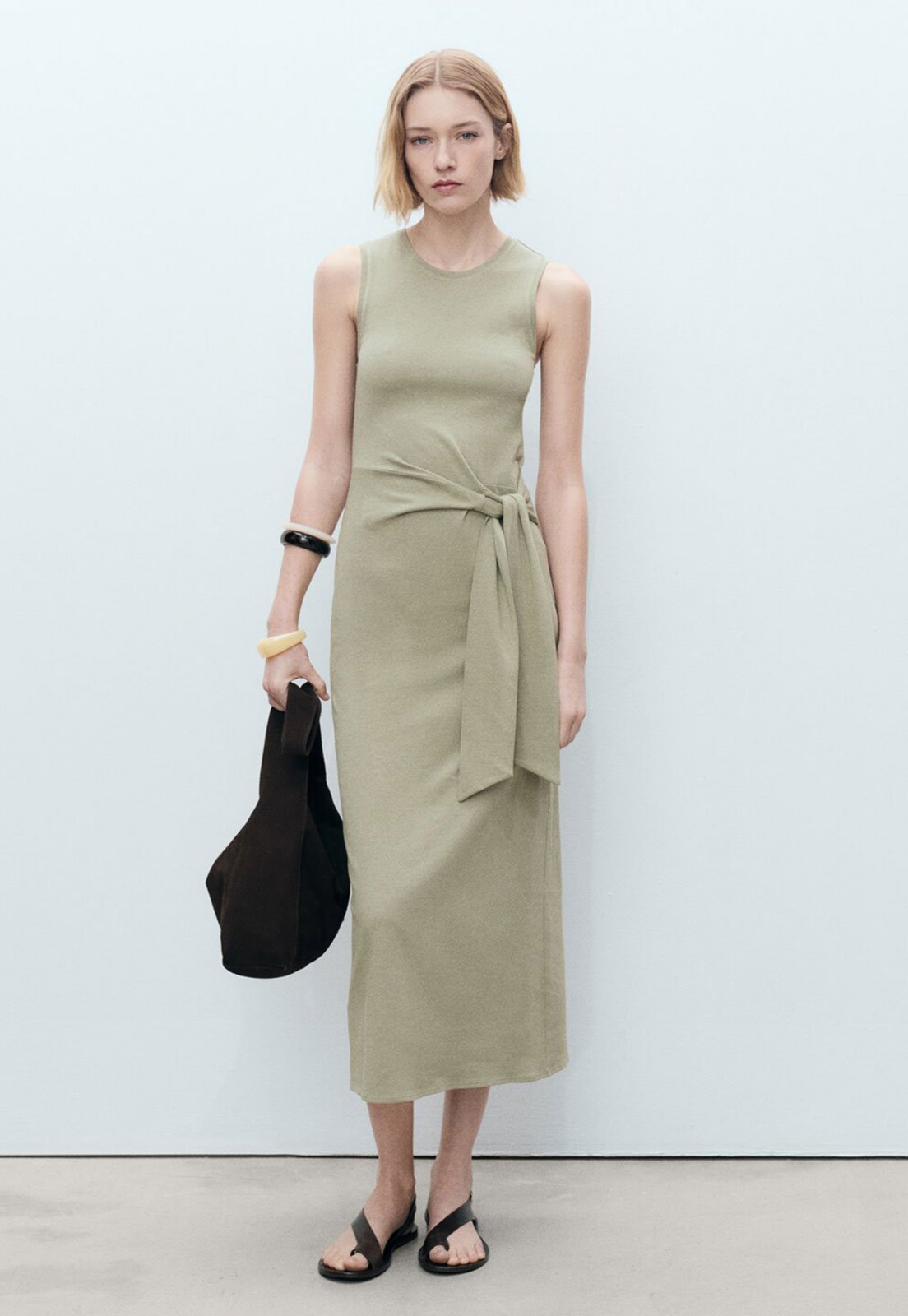 Vestido Mango Midi Amarração Bege