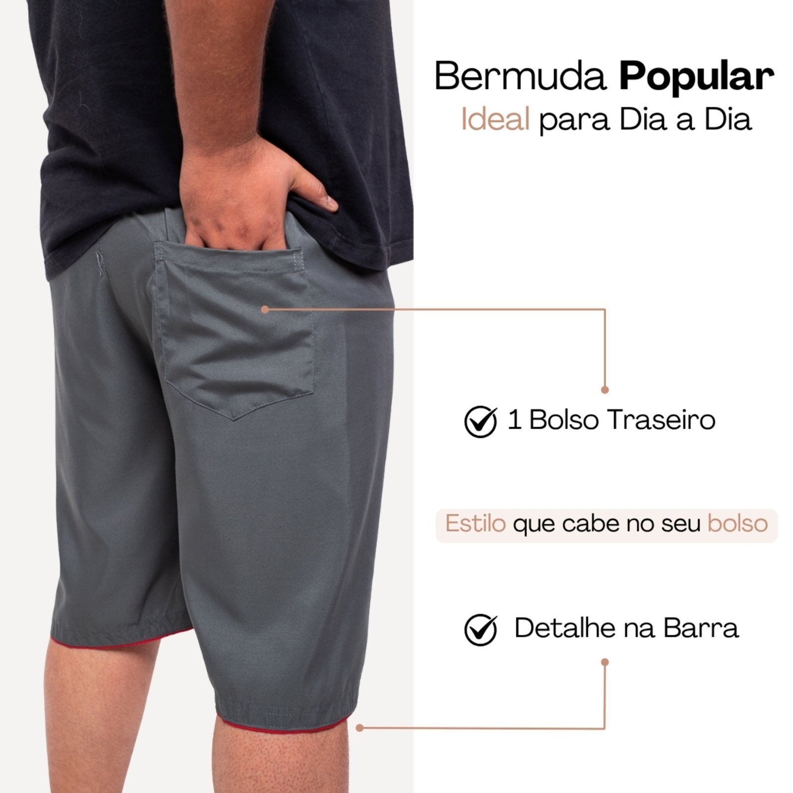 Vista 3 Bermuda Plus Size Frent's Tactel Esporte Detalhe na Barra Casual cinza/grafite Frent's cinza/grafite