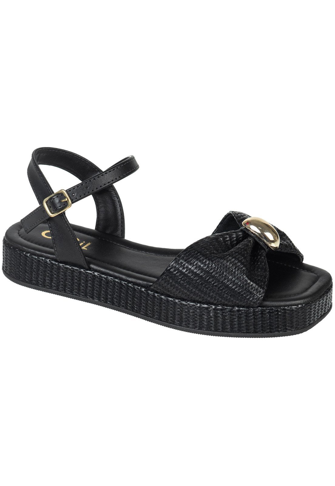 Sandália Feminina GiGiL Flatform Baixo Laço Franzido Enfeite Metalizado Preto