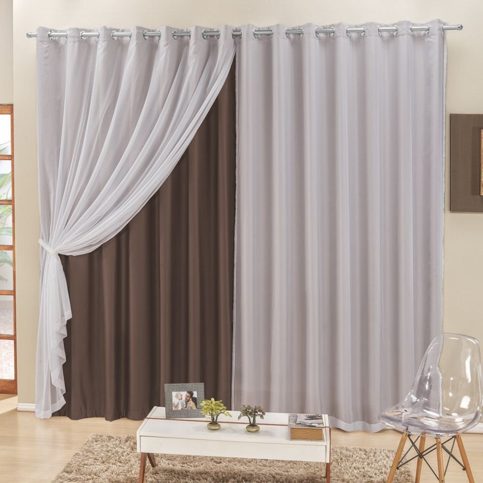 Cortina 3 Mts Sala Quarto Voal e Semiblackout para Trilho Suisso Tabaco - 100% Poliéster