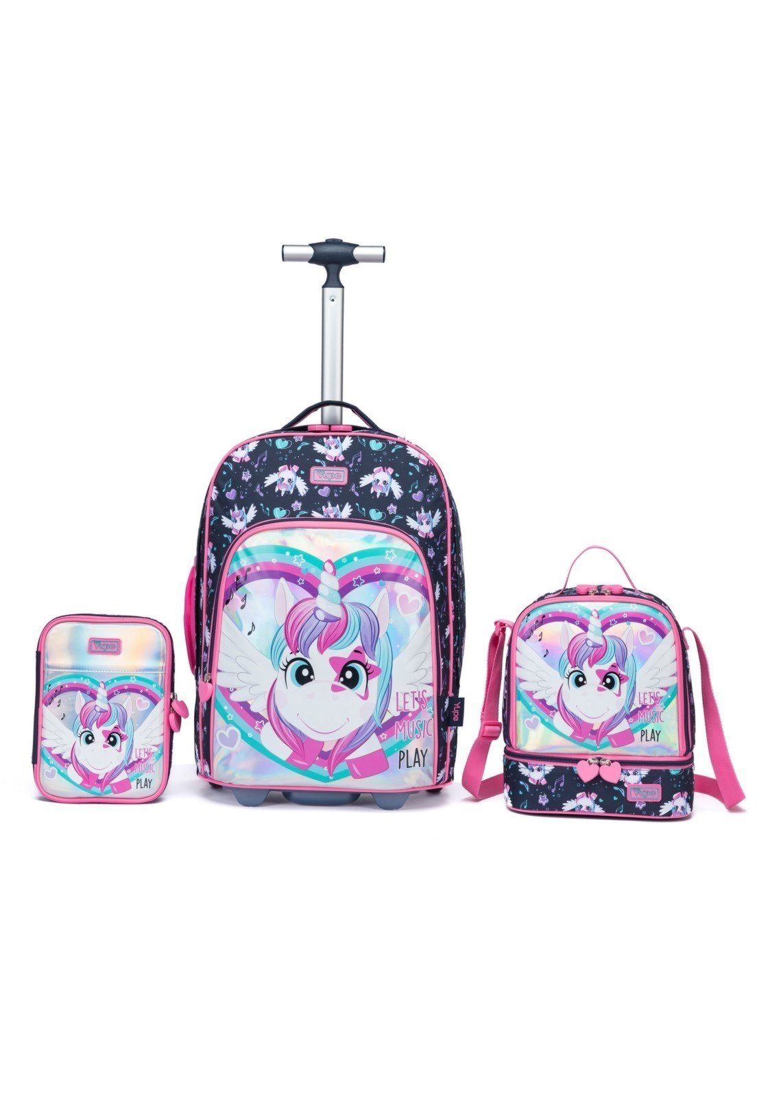 Infantil – Kit Mochila Escolar Estojo Lancheira Unicornio Reforçada Rodinha Grande