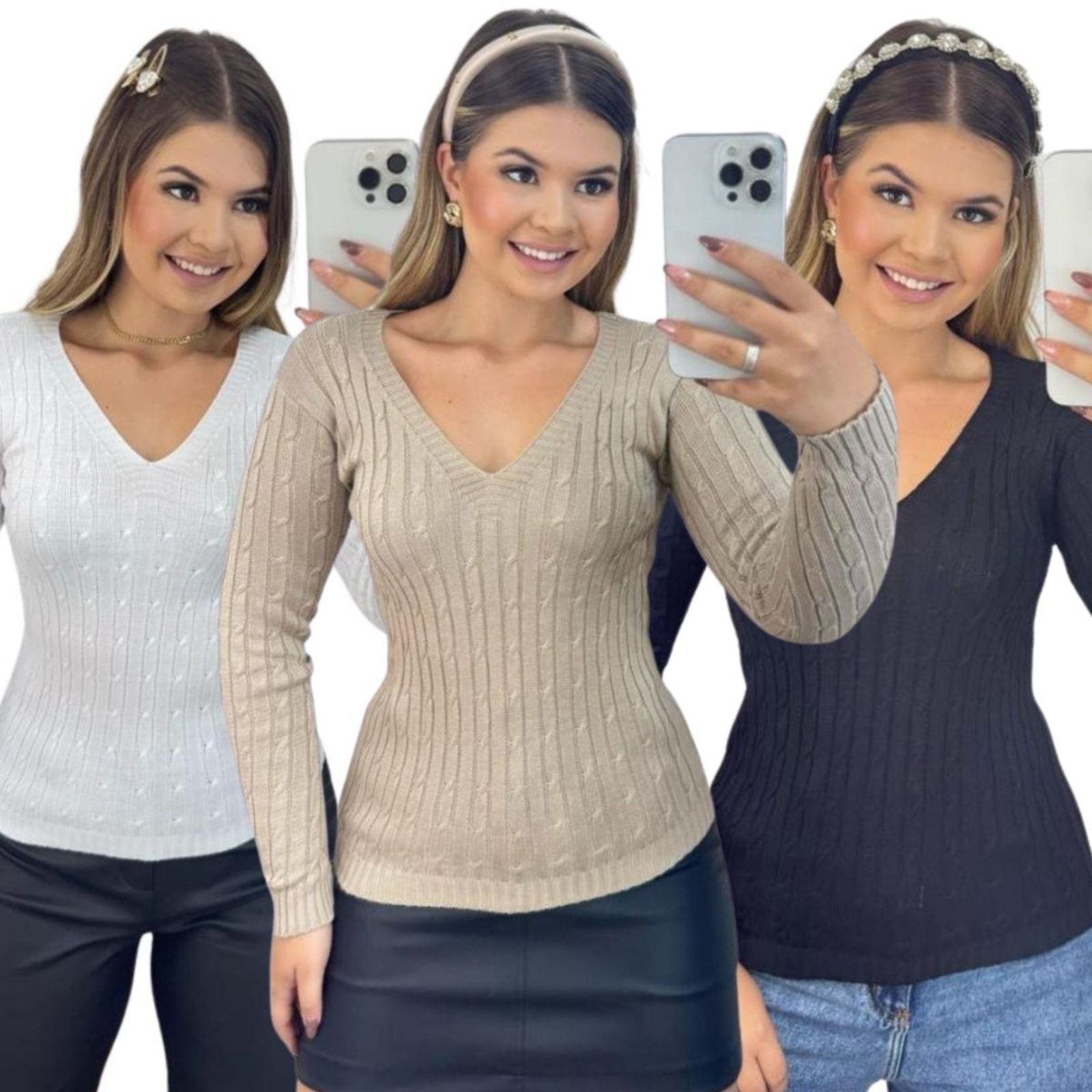 Kit 3 Blusas FMF Femininas Suéter Malha Tricô Manga Longa