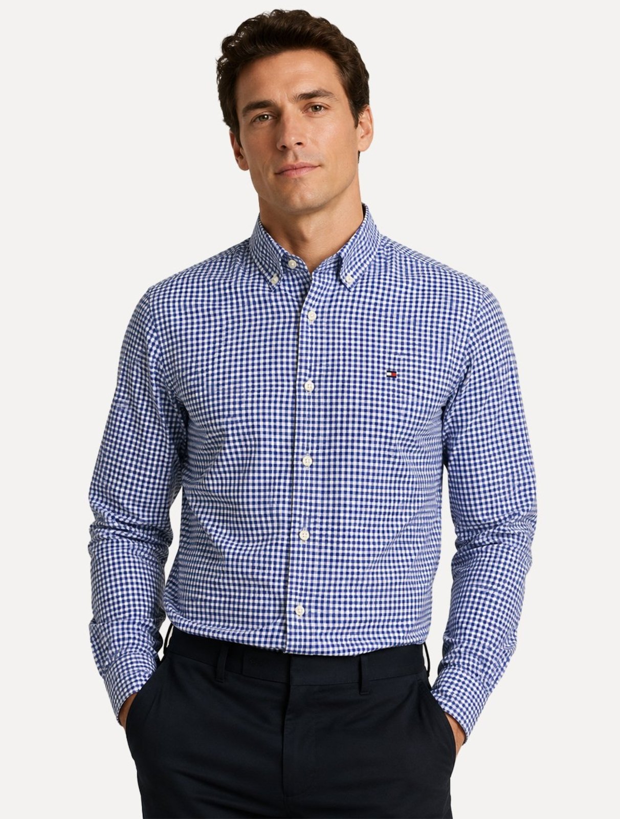 Camisa Tommy Hilfiger Masculina Oxford Regular Gingham Branca/Azul Marinho