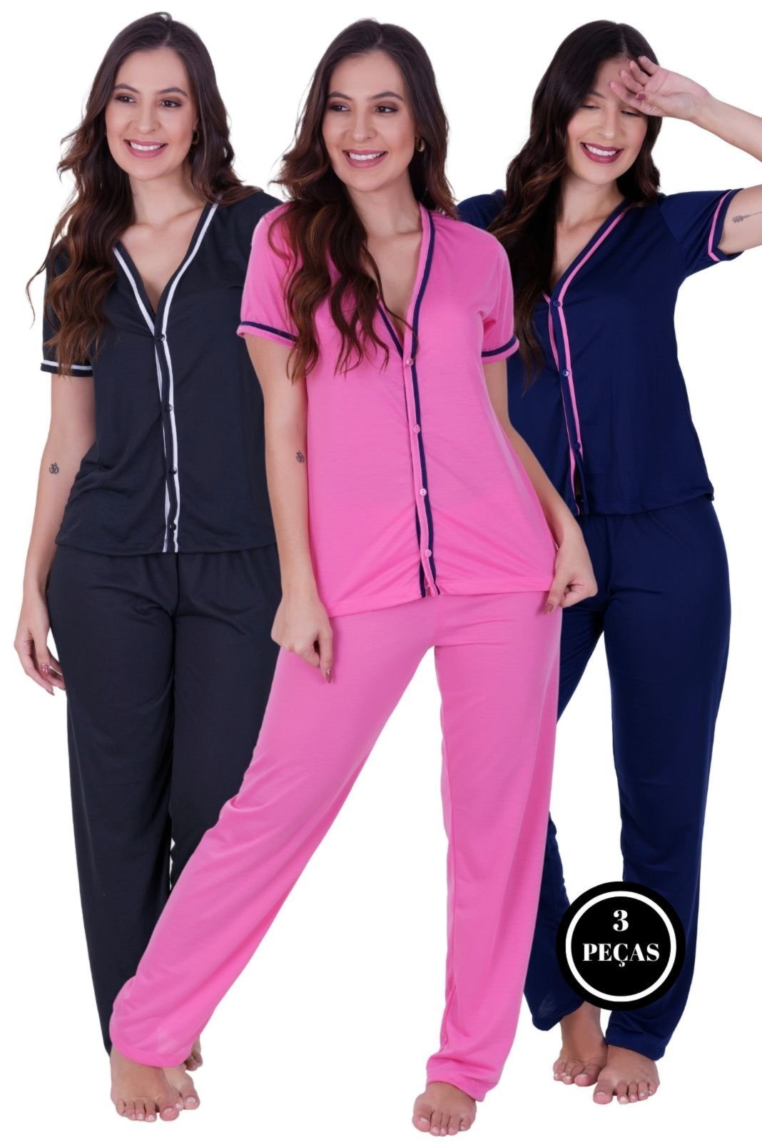 Kit 3 Pijamas Americano Amamentação Longo Com Botão Feminino Terra E Mar Manga Curta Pós Parto Rosa/Preto/Marinho
